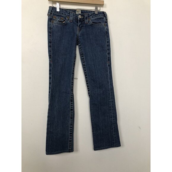 True Religion World Tour  Jonny Women 26x28 Blue Denim Jeans Colored Stitch - Picture 2 of 9